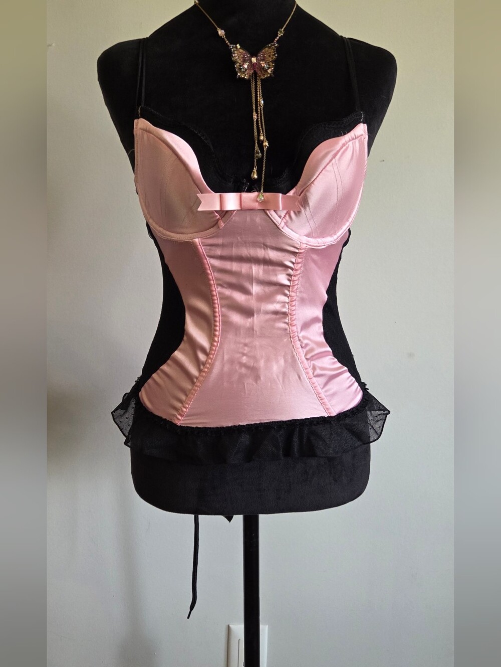 Satin Lace-Trim Bustier Corset in Pink